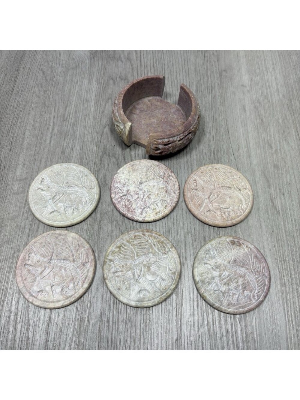 Elephant Soapstone Set of 6 w/ Holder Home Decor Jungle Animal Wildlife 3"